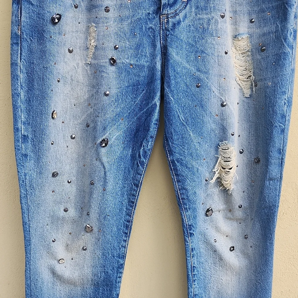 Vtg Made In Italy Distressed Cropped Blue Jeans With Stone Adornments - Picture 4 of 12